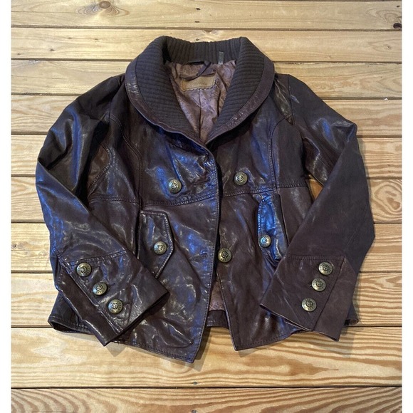 Guess 100% Leather Jacket Size Small Women’s Brown Button Front - Picture 1 of 9